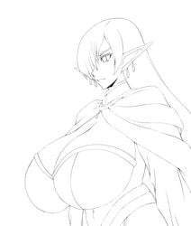 1girls alternate_version_available belly_button big_breasts black_and_white breast_focus breasts clothed coat covered_breasts covered_nipples desuroguma earrings elf female female_focus female_only female_solo hips huge_breasts jewelry large_breasts long_hair looking_straight original pointy_ears serious sketch solo solo_focus tagme top_half turtleneck upper_body wide_hips