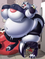 2021 anthro belly beverage beverage_can big_belly big_breasts breasts bubble burping canid canid_demon demon female full_body_inflation furry gesture group hellhound helluva_boss hi_res imp inflation loona_(helluva_boss) male mammal milkybody millie_(helluva_boss) moxxie_(helluva_boss) nipple_outline pointing pointing_at_another sitting soda soda_inflation unbalanced