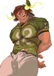 1boy absurdres american_football_uniform animal_ears arms_behind_back bara between_pectorals blush bondage bound brown_eyes brown_hair bulge cow_boy cow_ears cow_horns cowboy_shot cum cum_on_clothes dichuan_(arriverw) erection erection_under_clothes facial_hair fiery_horns forked_eyebrows glowing_horns goatee green_shirt highres horns large_pectorals looking_at_viewer male male_focus male_only muscular muscular_male pectorals penis penis_peek restrained shirt short_hair short_sleeves solo sportswear thick_eyebrows thick_thighs thighs tight tight_shirt tokyo_afterschool_summoners wakan_tanka