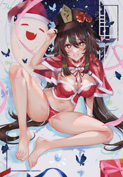 1girls absurd_res ass ass_cheeks bangs belly_button big_breasts blush breasts brown_hair brunette butt christmas cleavage corset detailed_background feet female genshin_impact ghost hair_between_eyes hat hi_res highres hips hu_tao_(genshin_impact) huge_breasts knee_up large_breasts legs_apart legs_spread long_hair looking_at_viewer midriff pigtails red_eyes shawl sitting slim_waist small_waist smile spread_legs teeth thick thick_ass thick_thighs thighs thong those_girls toes twintails waist wide_hips