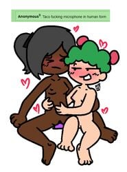 color colored dildo female female/female female_only humanized inanimate_insanity interracial lesbian microphone_(ii) object_shows pussy pussy_juice seductive_smile taco_(ii) white_background yuri