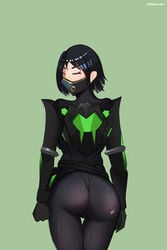 ass back_view backpussy bdhentai belt black_hair bob_cut butt cameltoe eyeshadow green_eyes medium_hair non_nude pale-skinned_female petite purple_eyeshadow riot_games simple_background skin_tight stretched_clothing tight_clothes tight_clothing tight_pants tights valorant viewed_from_behind viper_(valorant)