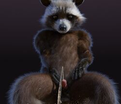 3d animated anthro bodily_fluids brown_body brown_fur digital_media_(artwork) fur genital_fluids genitals gif guardians_of_the_galaxy holding_penis looking_down male male_only mammal marvel peeing peepeelucario penis procyonid raccoon rocket_raccoon sitting solo urine urine_stream