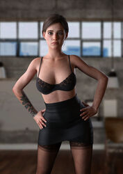 1girls 3d 3d_(artwork) absurd_res alternate_breast_size alternate_version_available bra brown_hair cleavage ellie_(the_last_of_us) ellie_williams female female_focus female_only freckles front_view green_eyes hand_on_hip high-waist_skirt lace lace-trimmed_bra lace-trimmed_thighhighs large_filesize looking_at_viewer medium_breasts midriff mostly_clothed naughty_dog nipples_visible_through_clothing short_hair skirt solo solo_female solo_focus sony_interactive_entertainment stockings tattoo the_last_of_us the_last_of_us_2 viaphobia