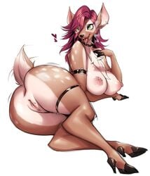 anthro big_ass big_breasts bracelet chin_piercing cigarette cigarette_in_mouth deer ear_piercing female furry furry-specific_piercing green_eyes naidong nipples nude original pierced_nipples pussy scut_tail tagme yin-ting_tian