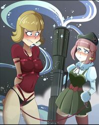 2020 2girls beatriz_(metal_slug) beret black_gloves black_panties blonde_hair blue_eyes blush bondage cold dress green_dress hi_res medium_breasts medium_hair metal_slug metal_slug_attack military military_uniform no_pants norah_(metal_slug) pink_hair red_shirt red_socks red_thighhighs snk thick_thighs thighhighs tied tied_arms tied_shirt winter