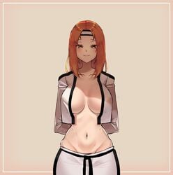 1girls arms_behind_back black_belt blush breasts clothed collarbone female female_only front_view genderswap_(mtf) headband highres human hwoarang johwa large_breasts long_hair looking_at_viewer martial_arts_uniform navel no_bra orange_hair rule_63 skimpy solo standing tekken