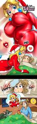 1girls ass bed blonde_hair breasts breath_of_the_wild christmas comic crossover dress english_text female huge_breasts indoors kissing link link_(breath_of_the_wild) lipstick long_hair makeup male mario_(series) on_bed present princess_peach red_dress red_lipstick santa_costume sasatseng short_dress sick sleeping text the_legend_of_zelda thick_thighs tight_clothing twilight_princess wholesome wide_hips wolf wolf_link