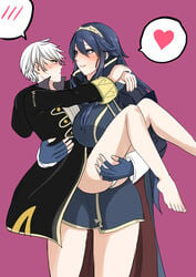 1boy 1girls :p bare_legs bare_thighs blue_eyes blue_hair breasts curvy fingerless_gloves fire_emblem fire_emblem_awakening gloves hug japanese_text large_breasts licking_lips long_hair looking_at_another lucina_(fire_emblem) nintendo panties princess_carry purple_background robin_(fire_emblem) robin_(fire_emblem)_(male) size_difference smile symbol-shaped_pupils taller_girl text thighs tiara tongue tongue_out translation_request underwear villiers_hyunou voluptuous white_panties