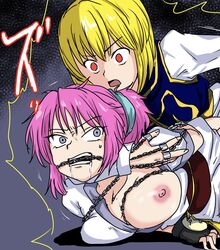 1girls arm_around_neck blonde_hair blue_eyes breasts chained_up chains drooling exposed_breasts female femboy_on_female gag human hunter_x_hunter implied_penetration implied_rape kurapika large_breasts machi_komacine male pale-skinned_female pale_skin phantom_troupe pink_hair rape red_eyes revenge revenge_sex short_hair shounen_jump sound_effect tabataba_no_ki villainess