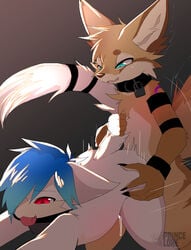 absurd_res anthro arkose(slyenignmafox) ball_gag canid canine darkmirage doggy_style domestic_cat duo felid feline felis female fennec fox from_behind_position gag hi_res loreking male male/female mammal queen_kajina(queen-kajina-kinoshita) sex size_difference