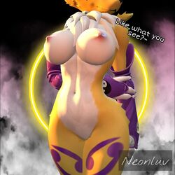 3d_(artwork) anthro armwear bandai_namco big_breasts breasts canid canine clothing digimon digimon_(species) digital_media_(artwork) female fox fur hands_behind_back humanoid mammal neck_tuft neonluv nipples nude renamon solo source_filmmaker text tuft white_body white_fur wide_hips yellow_body yellow_fur