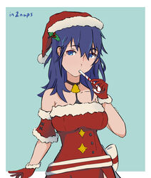 1girls alternate_costume bare_shoulders blue_eyes blue_hair breasts byleth_(fire_emblem) byleth_(fire_emblem)_(female) candy_cane christmas christmas_outfit female_only fire_emblem fire_emblem:_three_houses food gloves hat in2naps medium_breasts nintendo santa_hat solo upper_body