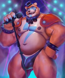 2022 animatronic anthro barazoku belly big_belly big_bulge big_muscles blurred_background bow_tie bracelet bulge claws clothing dsharp_k ear_piercing ear_ring eyebrows facial_markings five_nights_at_freddy's five_nights_at_freddy's:_security_breach glamrock_freddy_(fnaf) hand_on_hip hat head_markings headgear headwear jewelry looking_at_viewer machine male male_only mammal markings microphone musclegut muscular muscular_anthro muscular_male navel nipples open_mouth open_smile pecs piercing robot scottgames shoulder_pads smile solo spiked_bracelet spikes spotlight standing teeth thick_thighs thong top_hat underwear ursid video_games