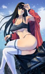 1girls ass big_ass big_butt black_hair blue_eyes blush breasts female female_focus kill_la_kill kiryuuin_satsuki long_hair sitting solo thick_thighs thighhighs thighs thong ultrabinou