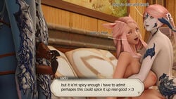 3d 3girls au_ra big_breasts breasts cat_ears cat_tail catgirl cirina_mol cute dildo female final_fantasy final_fantasy_xiv gpose(ffxiv) naked pink_eyes pink_hair sadu_dotharl shiori_rosebrace srosebrace strap-on text text_bubble threesome xaela yuri