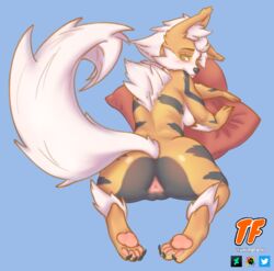 2021 anthro anus arcanine ass blush canine claws female furry looking_at_viewer looking_back lying nintendo pawpads pokemon pokemon_(species) pokemon_rgby pussy solo striped_fur tail thetuningfork