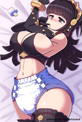 1girls abdl bangs bare_thighs black_hair breasts cleavage covered_nipples diaper drooling elbow_gloves female_only fire_emblem fire_emblem_fates gloves infantilism large_breasts lilith-fetish nintendo on_bed open_mouth pacifier purple_eyes rhajat_(fire_emblem) saliva saliva_trail sideboob solo thighhighs thighs thumb_sucking