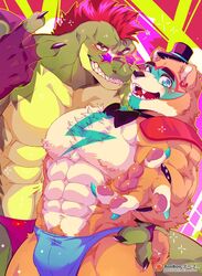 2boys abs bear blue_eyes blush bodypaint booboo34 bowtie brown_fur bulge crocodilian earrings five_nights_at_freddy's five_nights_at_freddy's:_security_breach flaccid furry gay glamrock_freddy_(fnaf) gloves green_skin hand_on_ass happy hat heart inviting looking_at_viewer male_only montgomery_gator_(fnaf) muscular_male naughty_face partially_clothed purple_background red_eyes red_hair reptile sharp_teeth smiling sparkles star_glasses top_hat underwear