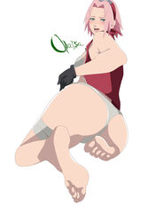 1girls ass bandaged_leg bandages bare_legs barefoot big_ass big_feet blush bottom_heavy bottomless breasts clothed clothing embarrassed feet female female_only from_behind gloves green_eyes half-dressed light-skinned_female light_skin looking_at_viewer looking_back naruto naruto_(series) naruto_shippuden on_knees open_clothes open_mouth open_shirt partially_clothed petite pink_hair pinup plain_background presenting presenting_ass presenting_hindquarters sakura_haruno sideboob simple_background sleeveless sleeveless_shirt small_breasts soles tease teasing toes uliyalsa underwear undressing unzipped white_background wide_hips