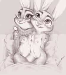 4_fingers absurd_res anthro arms_around_shoulders bottomless breast_squish breasts buckteeth claws clothed clothing disney duo erect_nipples eyewear female finger_claws fingers flat_chest fuchs glasses hand_on_shoulder hi_res hug judy_hopps lagomorph leporid mammal monochrome nipples nude partially_clothed rabbit side_hug sitting sketch small_breasts smile squish sweater sweater_lift sweater_only teeth topwear topwear_only traditional_media_(artwork) violet_hopps zootopia zootropolis