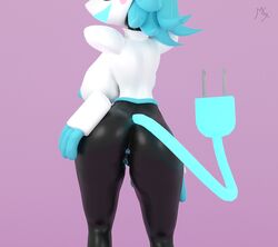 3d_(artwork) anthro big_breasts blue_body blush breasts deltarune digital_media_(artwork) felid feline female floating_hands huge_breasts looking_back machine mammal mastersounds presenting robot smile solo tasque_manager_(deltarune) thick_thighs undertale_(series) video_games