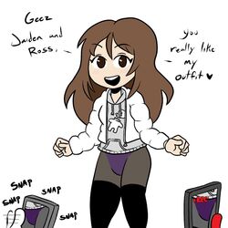 bluejr brown_hair camera cellphone dialogue emirichu exposed_panties filming forgot_pants jacket leggings no_pants oblivious oops panties panties_showing puffy_jacket purple_panties recording tagme taking_picture text youtube