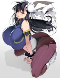 1girls ass black_hair breasts bun_cover chun-li clothed double_bun female hair_down highres huge_ass huge_breasts impossible_clothes long_hair masao pantyhose red_eyes solo street_fighter thick_thighs thong thunder_thighs tight_clothing