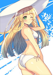 1girls ass ass_cleavage big_ass big_butt bikini blonde_hair blush breasts butt_crack cute cute_expression female female_only green_eyes hachirobe hat light-skinned_female light_skin lillie_(pokemon) nintendo pokemon pokemon_sm smile solo swimsuit teenager two_piece_swimsuit white_bikini white_hat white_swimsuit wink