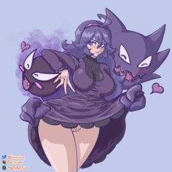 blush dress fangs female_focus gastly haunter headband heart hex_maniac long_hair no_panties npc_trainer parted_lips pokémon_(species) pokemon pokemon_xy purple_dress smile spiral_eyes thetuningfork wide_hips