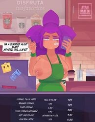 annoyed apron_only ayanamimatoi brawl_stars coffee_shop employee_uniform green_apron hourglass_figure iced_latte_with_breast_milk large_breasts meme milk_drip milk_squirt naked_apron shelly_(brawl_stars) starbucks tagme