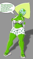 1girls alien alien_girl ass_expansion boxer_shorts breast_expansion clothing dayforsay english_text female_focus female_only female_solo footwear green_skin peridot_(steven_universe) sandals shorts solo_female speech_bubble steven_universe text thick_thighs underwear