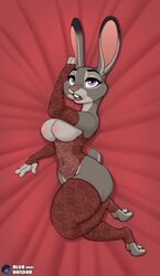 absurd_res anthro armwear blue_bender breasts clothing digital_media_(artwork) disney eyebrows eyelashes female fingers hi_res judy_hopps lagomorph large_breasts legwear leporid lying mammal nipples open_mouth purple_eyes rabbit solo stockings text zootopia zootropolis