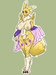 anthro black_sclera blue_eyes digimon female furry large_breasts nude renamon solo tail thetuningfork towel yellow_fur