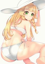 1girls ass big_ass big_butt bikini blonde_hair blush breasts butt_crack female female_only green_eyes hachirobe hat light-skinned_female light_skin lillie_(pokemon) nervous nintendo pokemon pokemon_sm solo swimsuit teenager two_piece_swimsuit white_bikini white_hat white_swimsuit