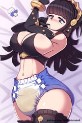 1girls abdl bangs bare_thighs black_hair breasts cleavage covered_nipples diaper drooling elbow_gloves female_only fire_emblem fire_emblem_fates gloves infantilism large_breasts lilith-fetish nintendo on_bed open_mouth pacifier peeing peeing_self purple_eyes rhajat_(fire_emblem) saliva saliva_trail sideboob solo thighhighs thighs thumb_sucking urine