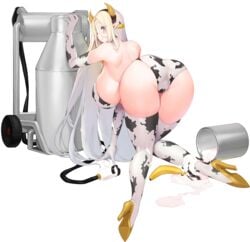 all_fours animal_print areola_slip areolae ass banana bent_over bikini blonde_hair blue_eyes boots breasts celestia_(last_origin) cerestia_of_life circlet cow_girl cow_print curvy ear_tag elbow_gloves elf female food from_behind fruit full_body gloves hair_between_eyes hanging_breasts high_heels highres horns huge_breasts last_origin long_hair long_pointy_ears looking_at_viewer looking_back milk milking_machine official_art partially_visible_vulva pointy_ears sideboob snowball22 solo spilled_milk suggestive_fluid swimsuit tachi-e thigh_boots thighhighs transparent_background very_long_hair wide_hips