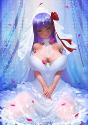 1girls badapple1003 bangs breasts bridal_veil clothing dress fate/stay_night fate_(series) female hair_ornament hair_ribbon headdress headwear high_resolution huge_breasts kneeling light-skinned light-skinned_female matching_hair_and_eye_color matou_sakura no_bra petals purple_eyes purple_hair red_ribbon ribbon rose_petals see-through veil very_high_resolution wedding_dress white_dress white_wedding_dress