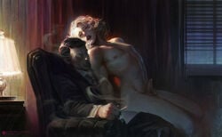 2boys arched_back armchair chiaroscuro cigarette clothed_male_nude_male curly_hair erection femboy from_behind gay gay_sex girly male male_only nude open_mouth painting_(artwork) penis sabudenego sex sitting soft_shading twink yaoi