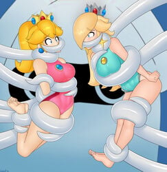 2girls bare_arms bare_legs barefoot blonde_hair blooper blue_eyes crown female female_only g-lahndi gag hair_over_one_eye leotard lifted_by_tentacles long_hair mario_(series) mario_and_sonic_at_the_olympic_games mouth_covered nintendo ponytail princess_peach princess_rosalina restrained restrained_by_tentacles sleeveless_leotard swimsuit tentacle very_high_resolution wide_eyed