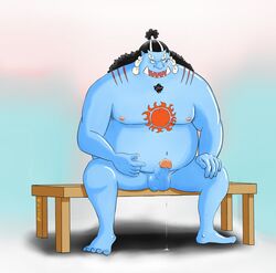 1boy 2018 anthro balls belly bernard_(pixiv) blue_body bodily_fluids boner erection fish-men_(one_piece) genital_fluids genitals hi_res humanoid_genitalia humanoid_hands humanoid_penis jinbe male male_only marine moobs nipples nude one_piece overweight overweight_male penis precum sitting solo