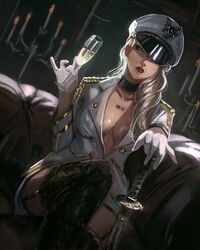 67_(zumidraws) barcode barcode_tattoo breasts choker curvy_female female hat heel_boots heels katana large_breasts long_hair military military_uniform red_lipstick thighhighs uniform white_hair yellow_eyes zumi_(original_character)