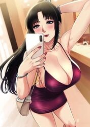 1girls armpit_crease armpits big_breasts black_hair blush dress huge_breasts lipstick long_hair milf mommy nail_polish nush_(xter) phone red_lipstick red_nails smartphone xter xtermination