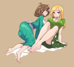 2girls ahoge artist_request barefoot big_breasts blonde_hair blue_eyes brown_hair cindy_tweak clothes_on cowgirl_position dirty_blonde_hair feet female female_only girl_on_bottom laura_tucker medium_hair milf on_floor shoeless short_hair south_park