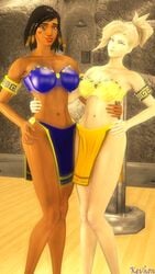 3d belly_dancer_outfit bra breasts duo females_only grin hand_on_hip kevhon looking_at_viewer mercy overwatch pelvic_curtain pharah skirt source_filmmaker