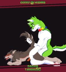 alex_the_werewolf anal anal_sex animated anthro balls black_nose canid canine canis collar digital_media_(artwork) duo erection fidget_the_fox fox fur gekkowizard genitals gif green_body green_eyes green_fur hair hand_on_hip hand_on_tail hi_res jewelry male male/male male_penetrated male_penetrating male_penetrating_male mammal multicolored_penis muscular necklace nude pawpads paws penetration penis pixel_art rainbow rainbow_collar rainbow_penis sex signature simple_background smile solo sprite sprite_art text tongue were werecanid werecanine werewolf white_body white_fur wolf