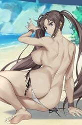 ass ass_cleavage back bangs bare_shoulders barefoot beach bikini blue_nails bnc_(bunshi) breasts brown_hair butt_crack earrings fate/grand_order fate_(series) feet female grey_eyes jewelry large_breasts legs long_hair looking_back multiple_earrings nail_polish nipples sideboob sunglasses swimsuit third-party_edit toes topless twintails very_long_hair white_bikini yu_mei-ren_(fate) yu_mei-ren_(swimsuit_lancer)