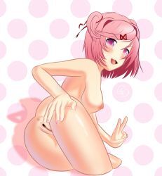 1girls breasts doki_doki_literature_club female female_only lowres natsuki_(doki_doki_literature_club) nipples pink_eyes pink_hair pink_nipples presenting presenting_hindquarters presenting_pussy presenting_vagina scribblyatnight solo vulva