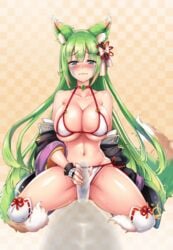 1girls abby_(project_qt) animated crying ear_twitch fox_ears ghost_penis green_hair handjob looking_at_viewer nutaku project_qt