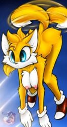 2_tails anthro blue_eyes cjweasle erect_nipples exposed_torso eyelashes female female_only flying footwear fox frown furry genderswap_(mtf) gloves handwear large_breasts mostly_nude multiple_tails nude rule_63 shoes solo solo_female sonic_(series) tail tails tailsko white_gloves yellow_fur